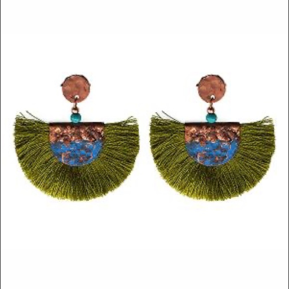 Olive green fringe fan thread tassel antiqued earrings